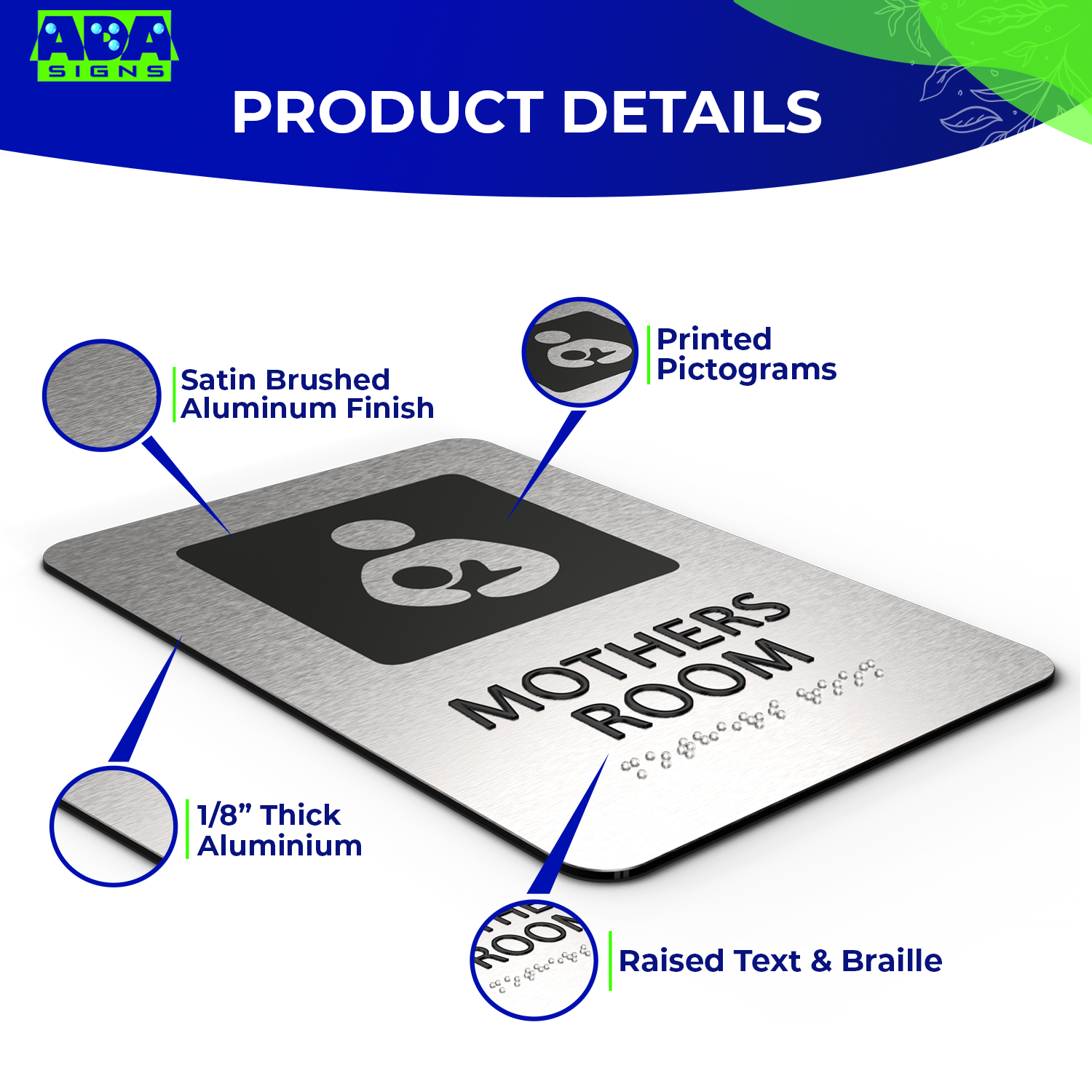 MOTHERS ROOM Lactation Nursing Sign - Brushed Silver Aluminum - ADA Compliant