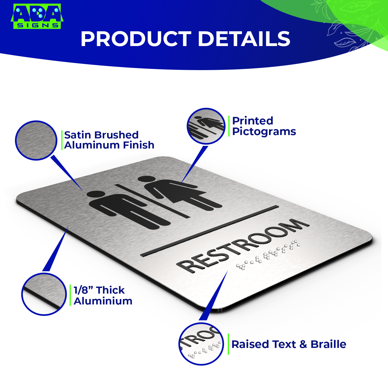 UNISEX Restroom Sign with Man & Woman Symbols, Non Accessible - Brushed Silver Aluminum - ADA Compliant