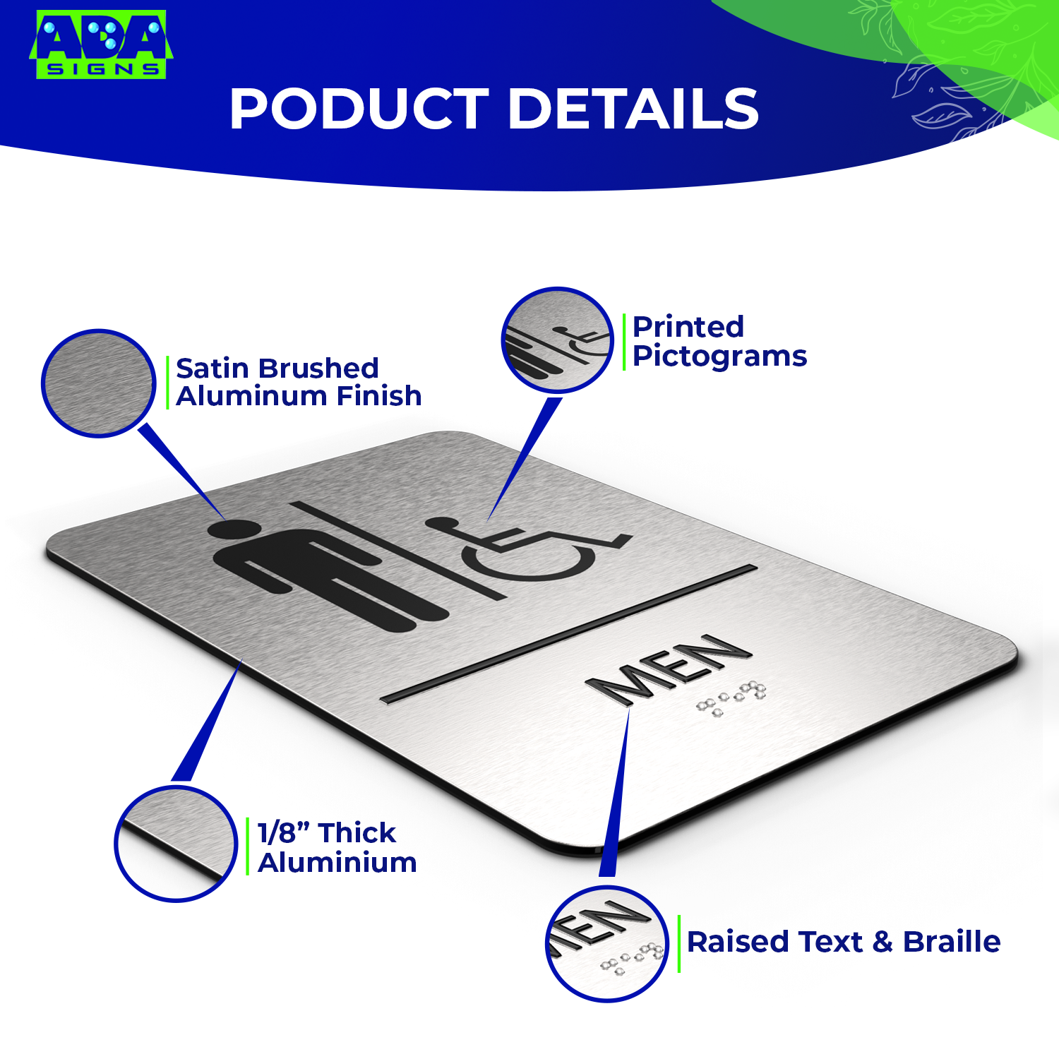 MEN Restroom Signs with Man & Wheelchair Symbols - Brushed Silver Aluminum - ADA Compliant