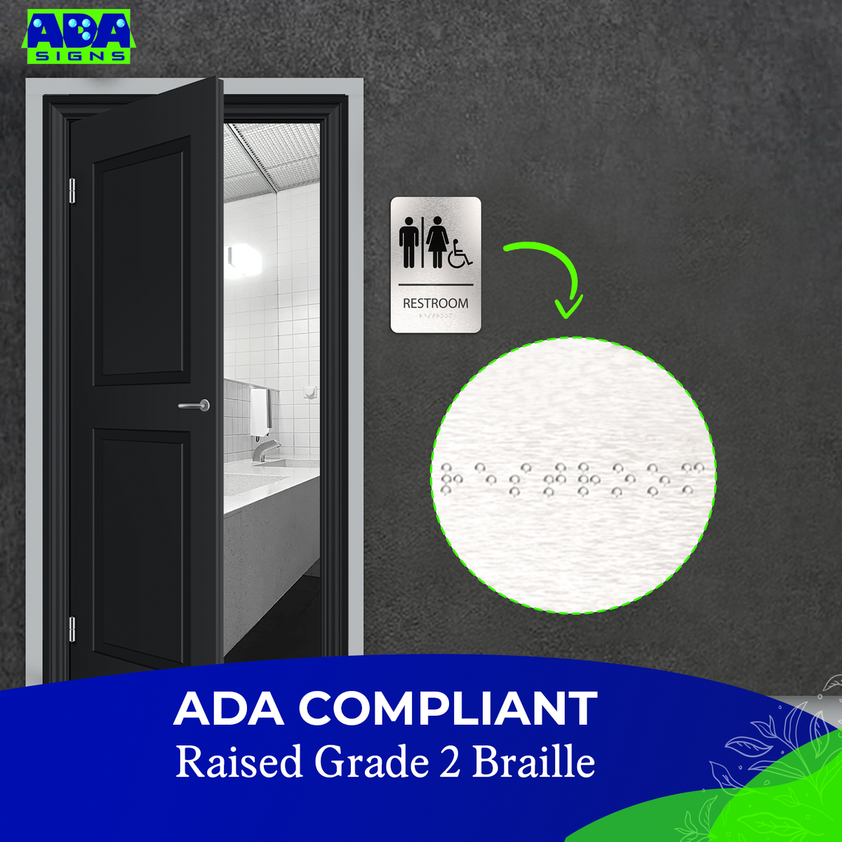 UNISEX Bathroom Sign with Man, Woman, Wheelchair Symbols - Brushed Silver Aluminum - ADA Compliant