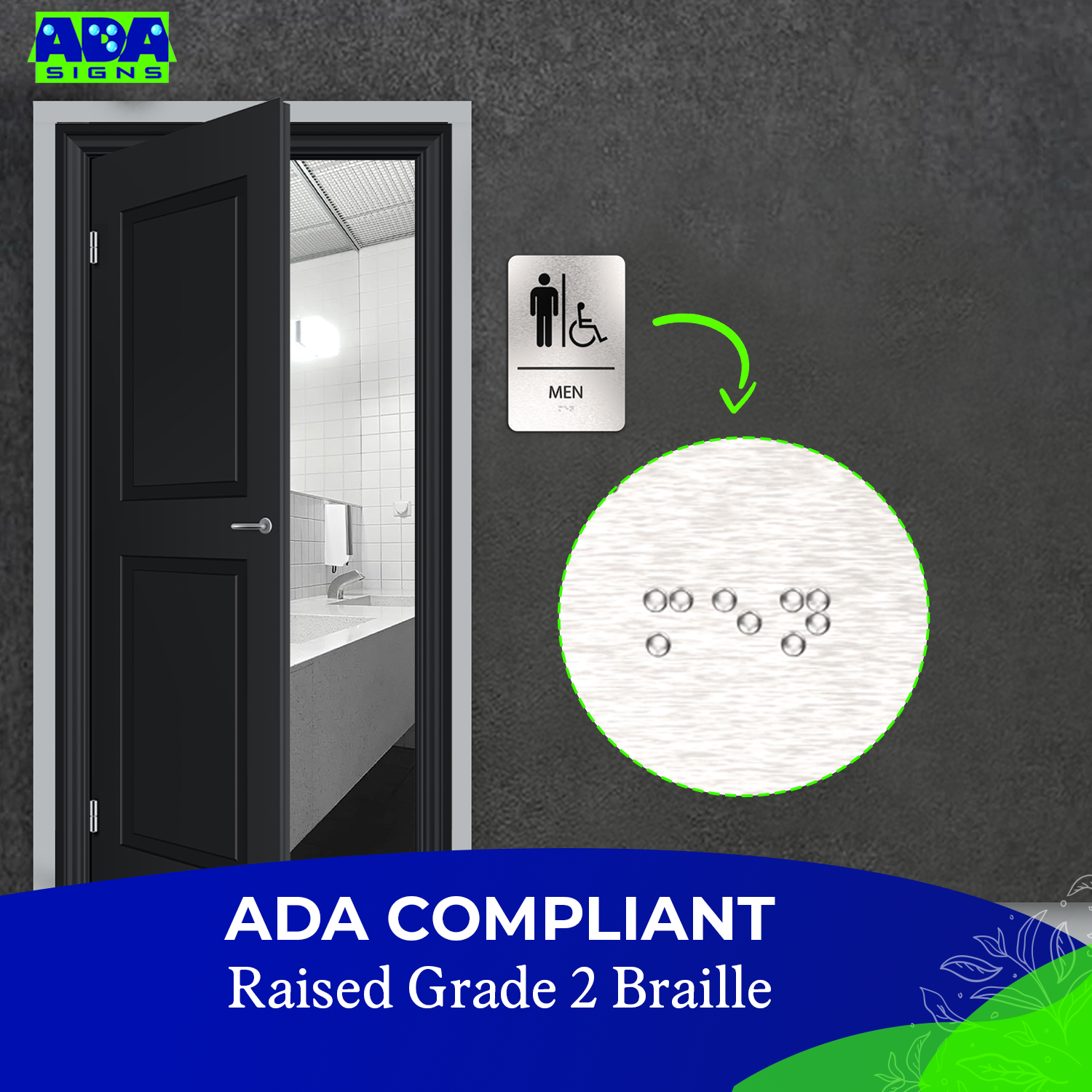 MEN Restroom Signs with Man & Wheelchair Symbols - Brushed Silver Aluminum - ADA Compliant