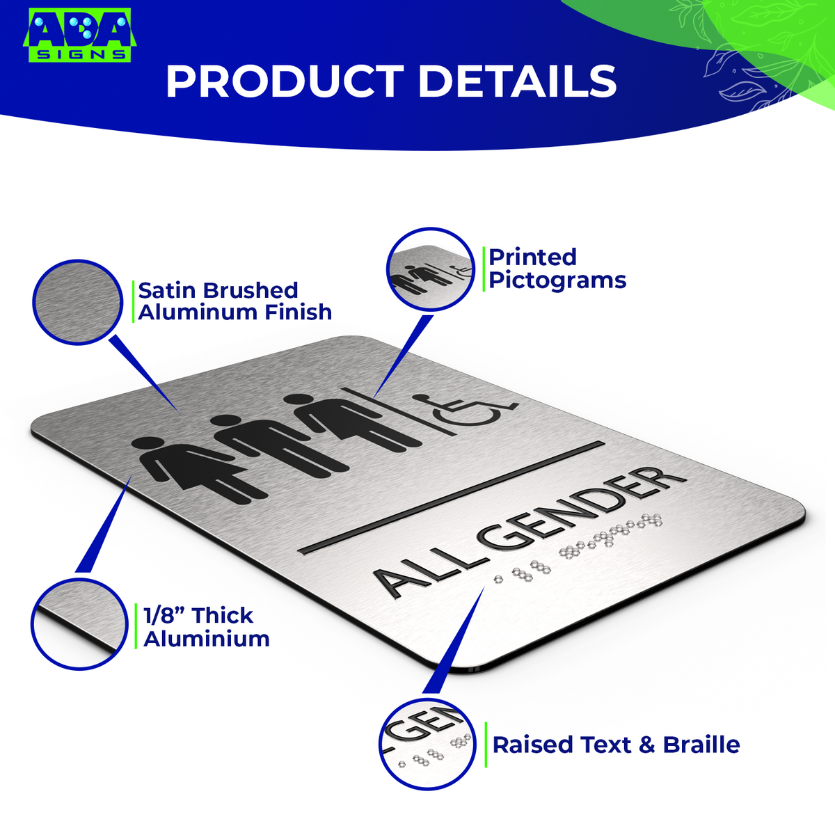 ALL GENDER Bathroom Sign with Man, Woman, Unisex, Handicap Symbol, - Brushed Silver Aluminum - ADA Compliant