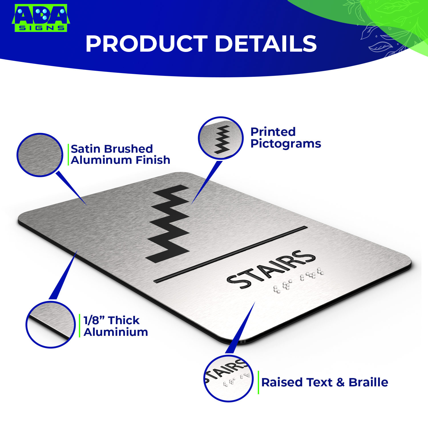 STAIRS Sign  - Brushed Silver Aluminum - ADA Compliant
