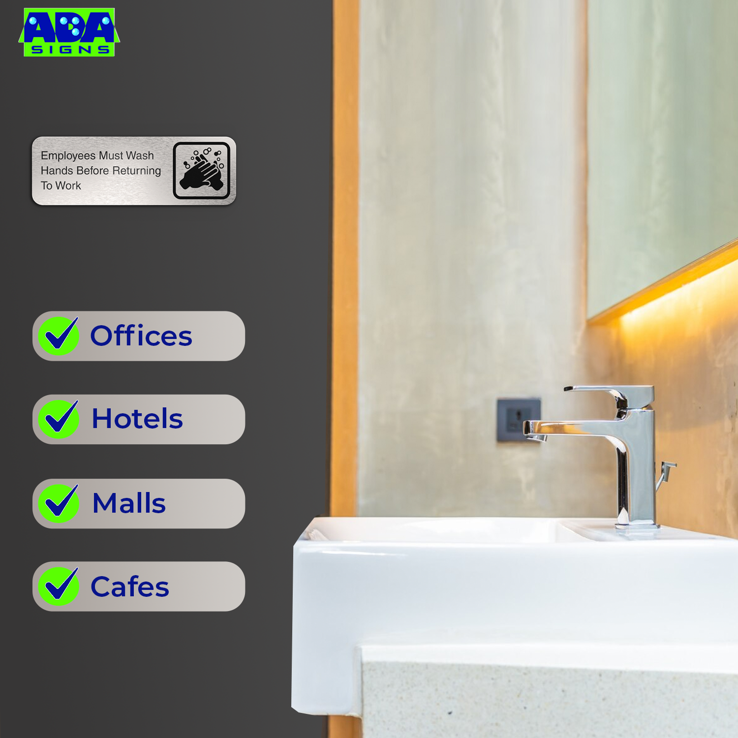 EMPLOYEES MUST WASH HANDS BEFORE RETURNING TO WORK Sign - Brushed Silver Aluminum - ADA Compliant