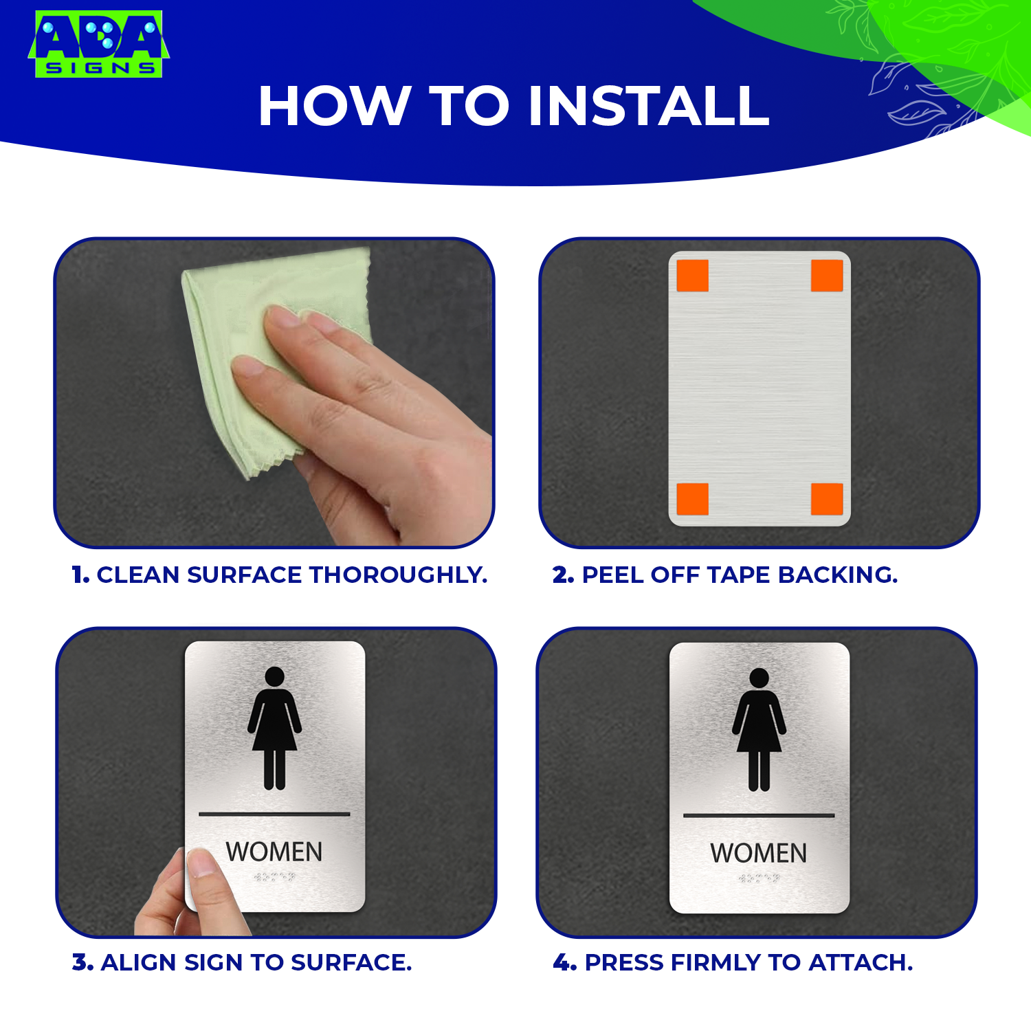 WOMEN Bathroom Sign with Woman Symbol, Non Accessible - Brushed Silver Aluminum - ADA Compliant