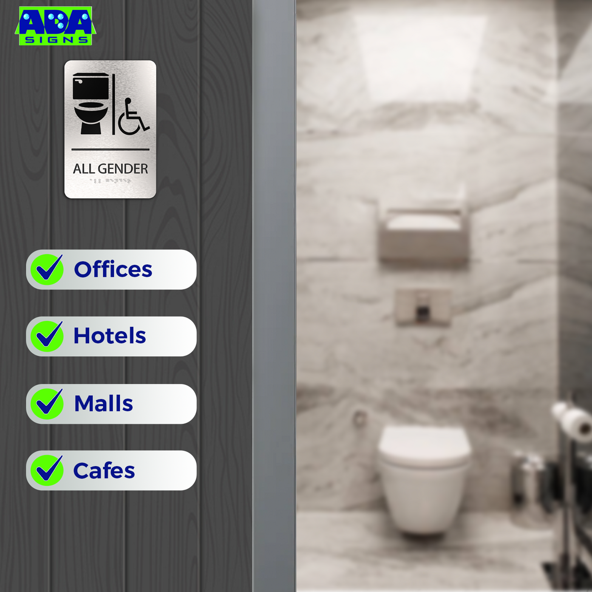 ALL GENDER Restroom Sign with Toilet & Wheelchair Symbols - Brushed Silver Aluminum - ADA Compliant