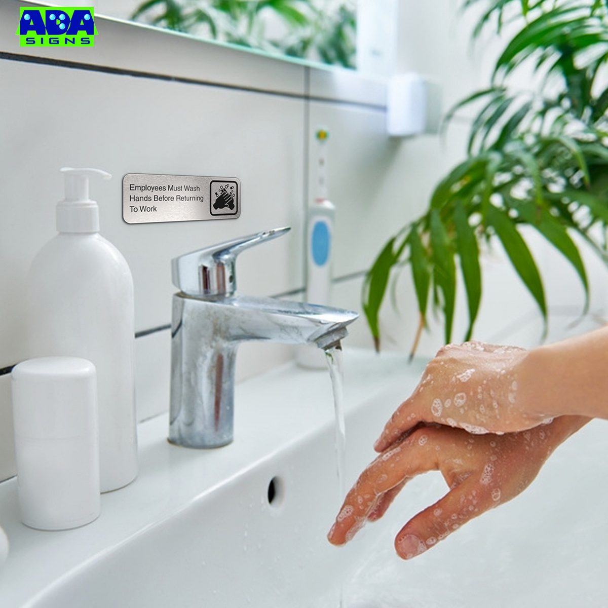 EMPLOYEES MUST WASH HANDS BEFORE RETURNING TO WORK Sign - Brushed Silver Aluminum - ADA Compliant