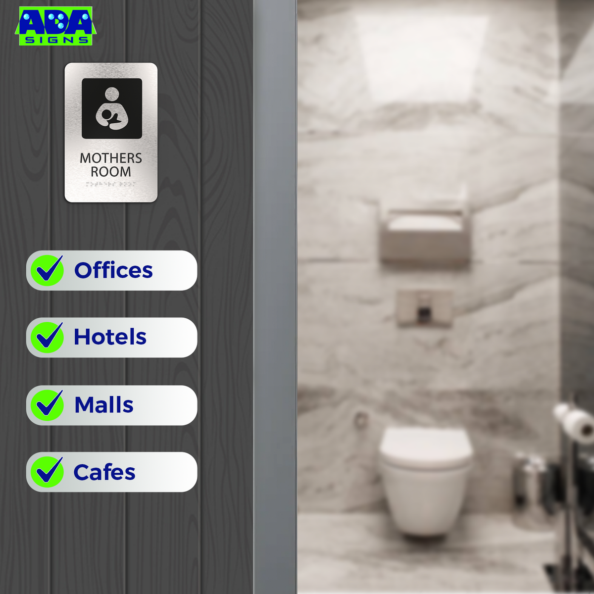 MOTHERS ROOM Lactation Nursing Sign - Brushed Silver Aluminum - ADA Compliant