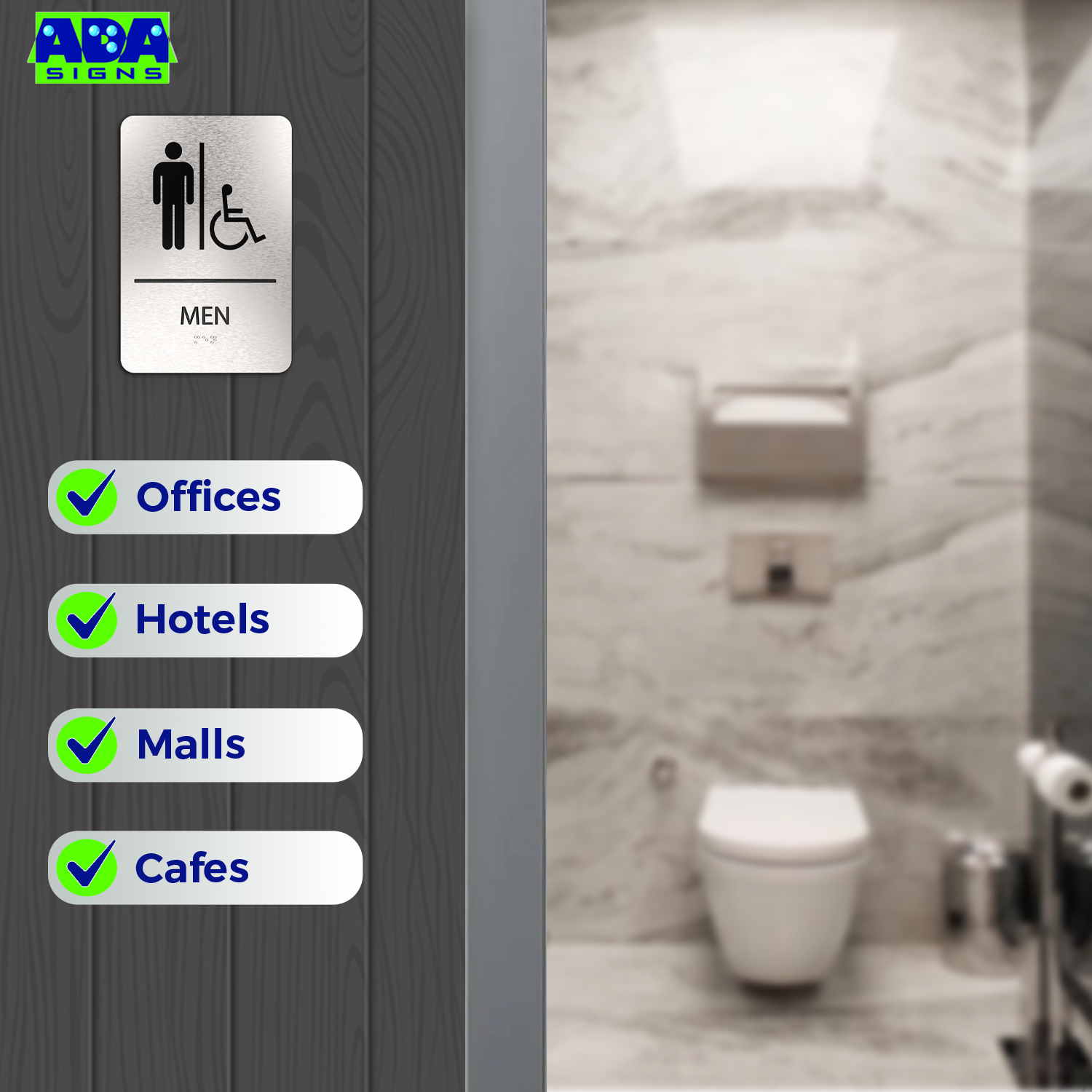 MEN Restroom Signs with Man & Wheelchair Symbols - Brushed Silver Aluminum - ADA Compliant