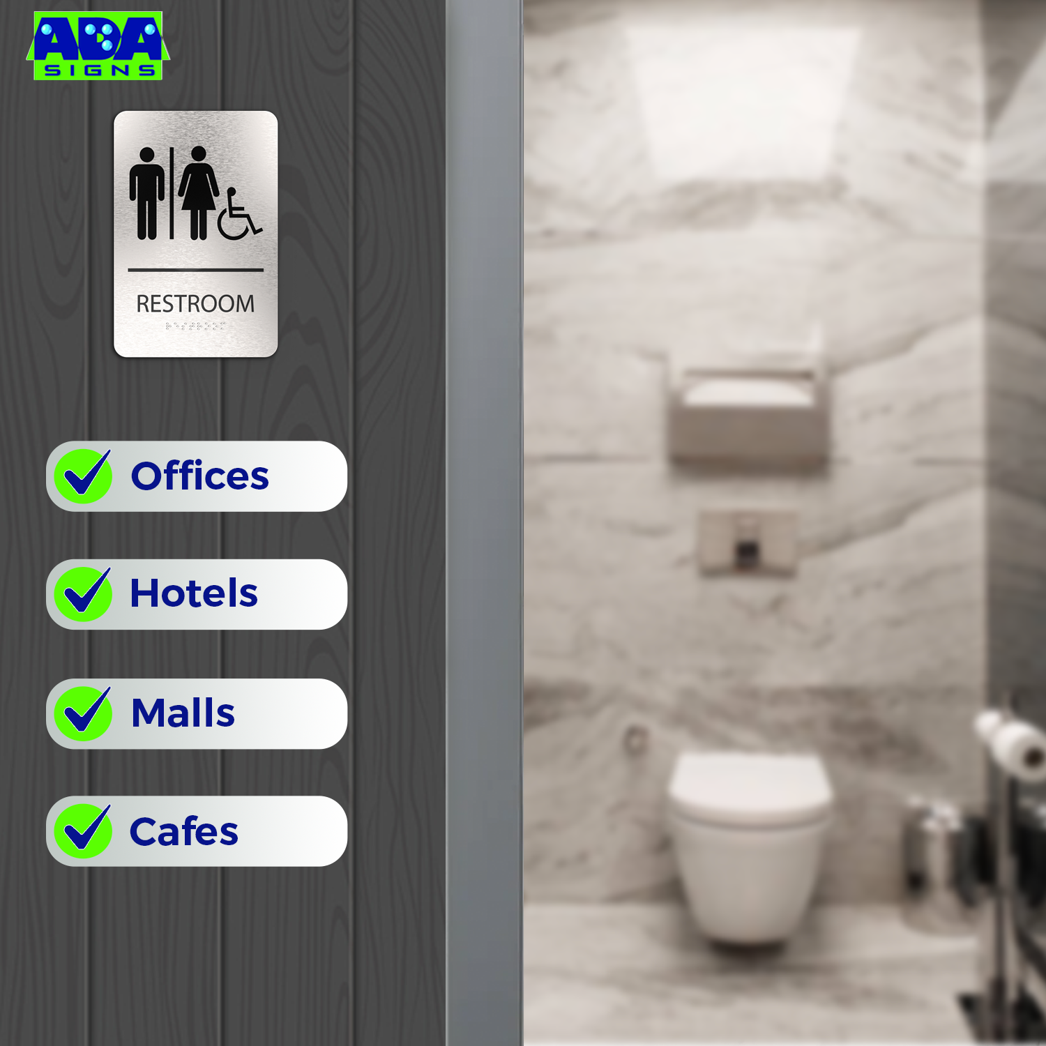 UNISEX Bathroom Sign with Man, Woman, Wheelchair Symbols - Brushed Silver Aluminum - ADA Compliant