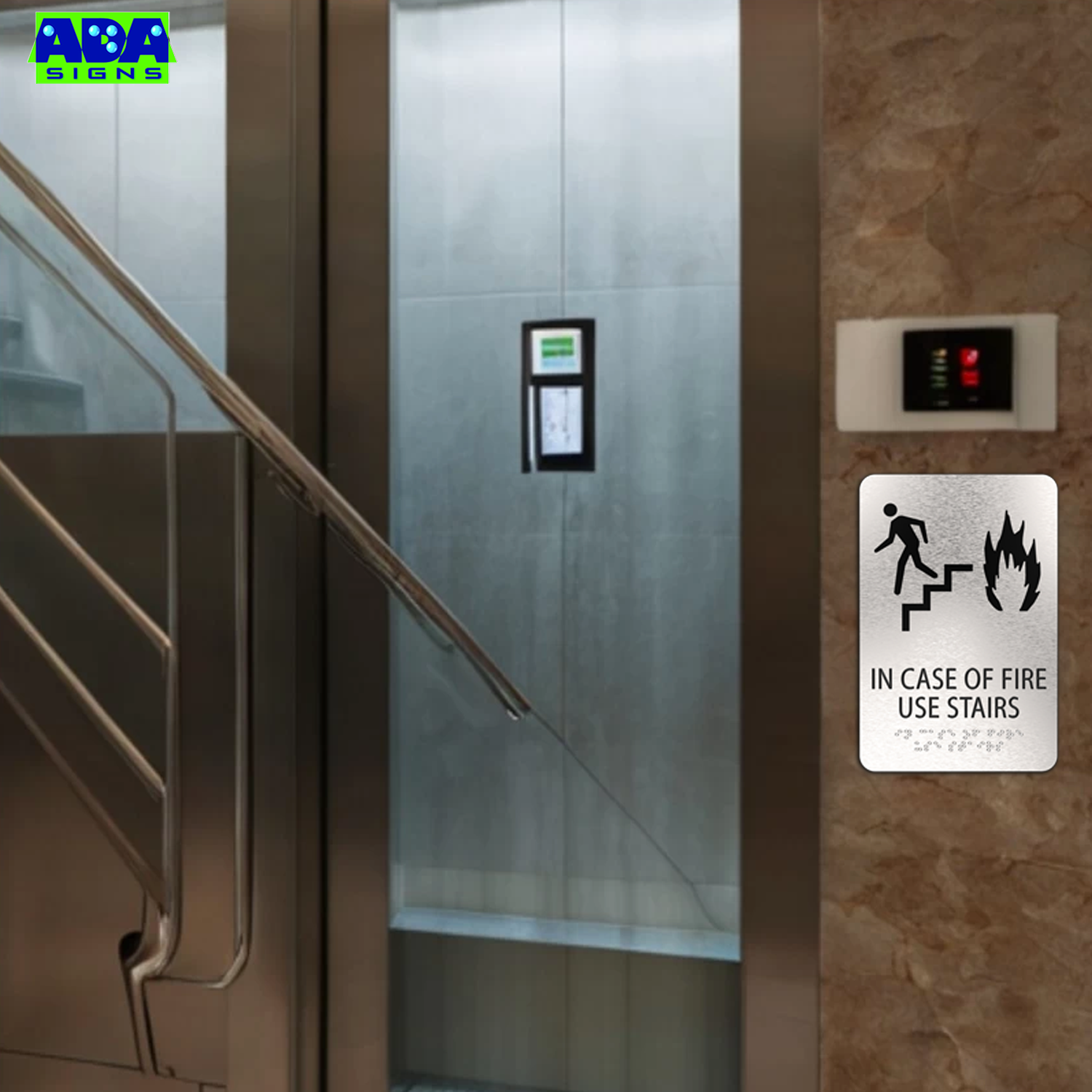 IN CASE OF FIRE Use Stairs sign  - Brushed Silver Aluminum - ADA Compliant
