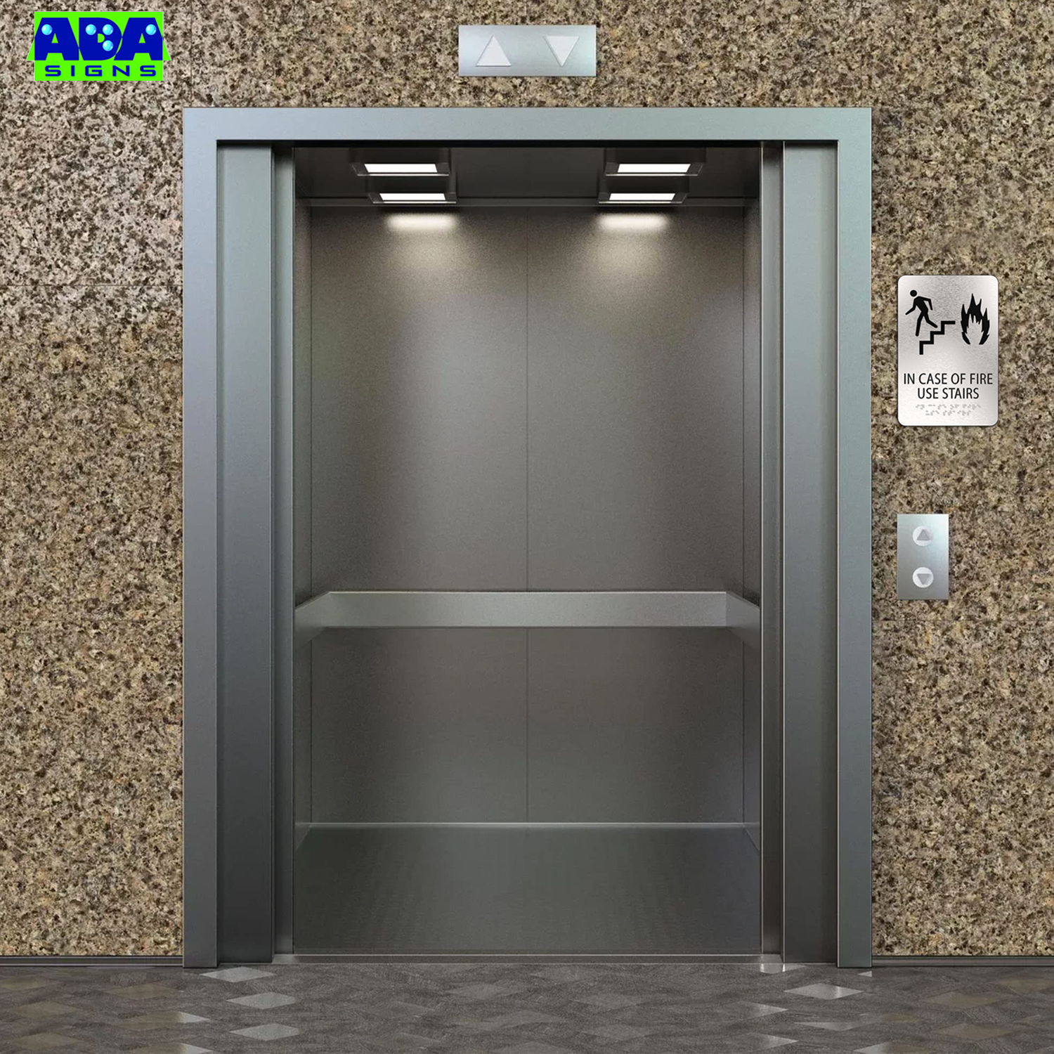 IN CASE OF FIRE Use Stairs sign  - Brushed Silver Aluminum - ADA Compliant