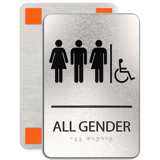 ALL GENDER Bathroom Sign with Man, Woman, Unisex, Handicap Symbol, Brushed Silver, Black Raised Text, Grade II Braille, 6"x9"