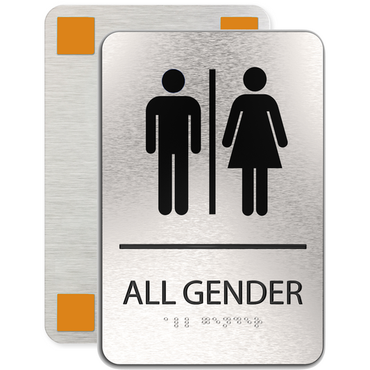 ALL GENDER Restroom Sign with Man & Woman Symbols, Non Accessible, Brushed Silver, Black Raised Text, Grade II Braille, 6"x9"