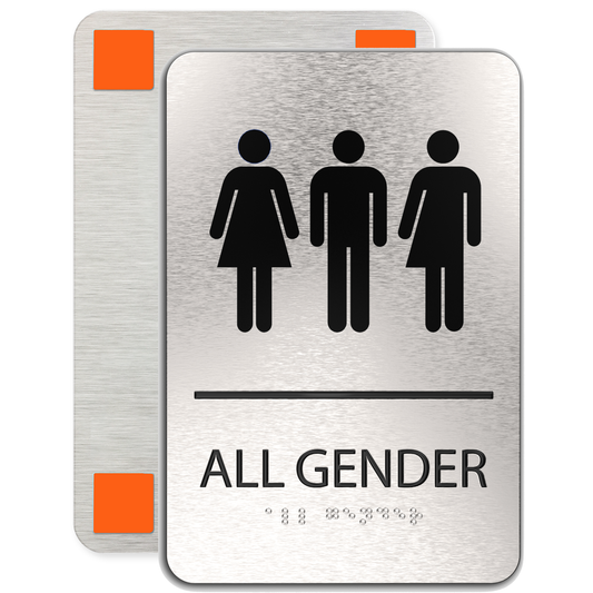 ALL GENDER Restroom Sign with Man, Woman & Blended Symbols,  Non Accessible, Brushed Silver, Black Raised Text, Grade II Braille, 6"x9"