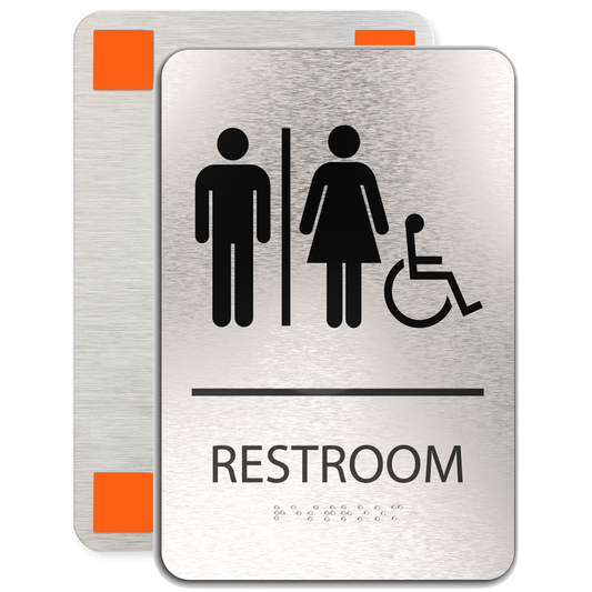 UNISEX Bathroom Sign with Man, Woman, Wheelchair Symbols, Brushed Silver, Black Raised Text, Grade II Braille, 6"x9"