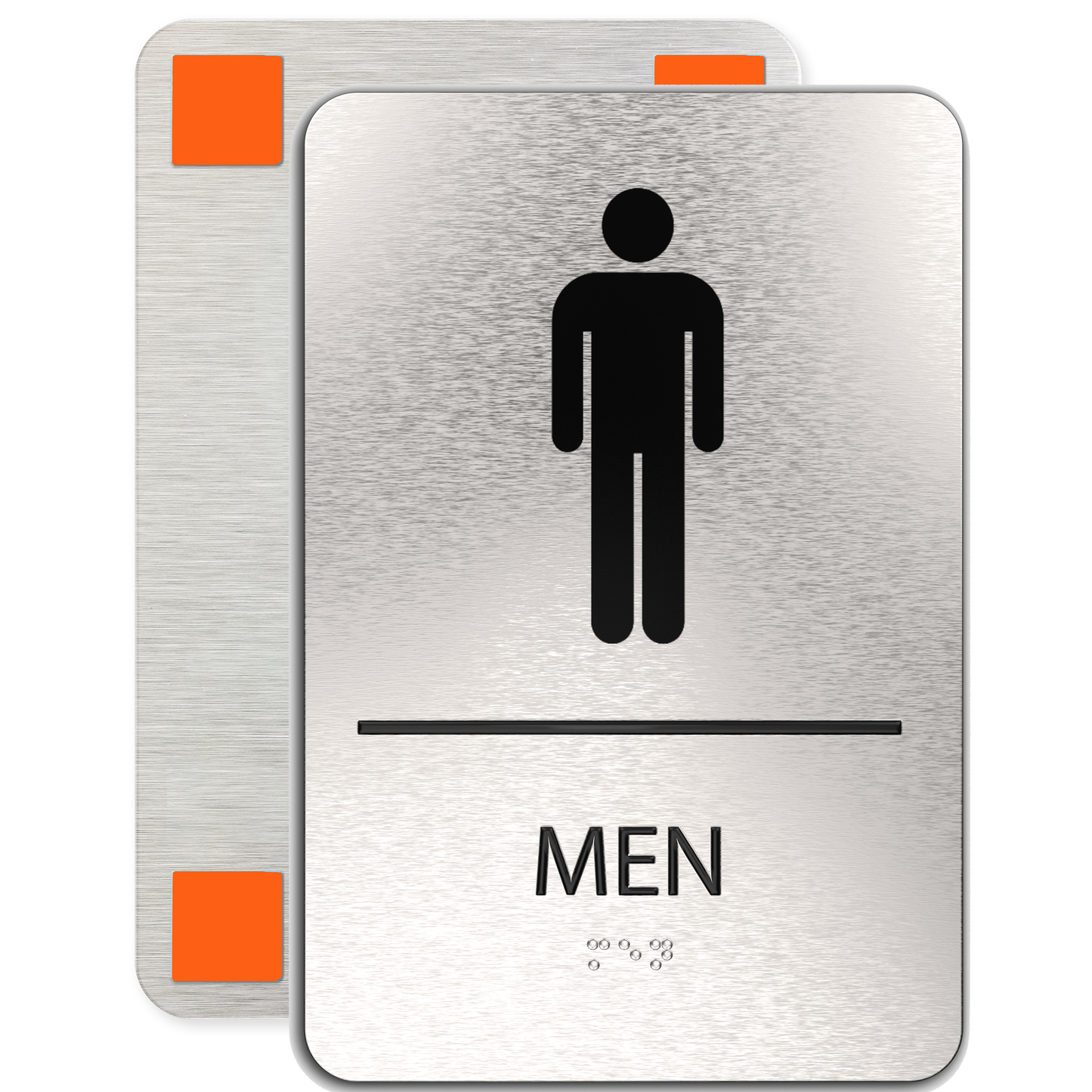 MEN Restroom Sign with Man Symbol, Non Accessible, Brushed Silver, Black Raised Text, Grade II Braille, 6"x9"