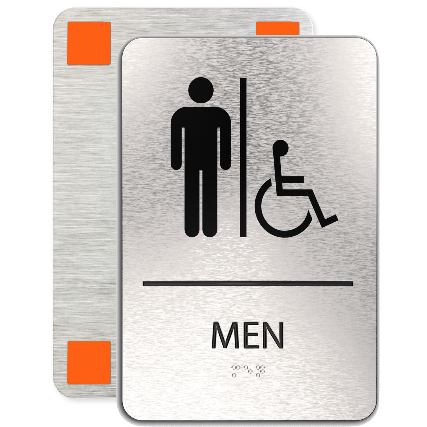 MEN Restroom Signs with Man & Wheelchair Symbols, ADA CompliantBrushed Silver, Black Raised Text, Grade II Braille, 6"x9"
