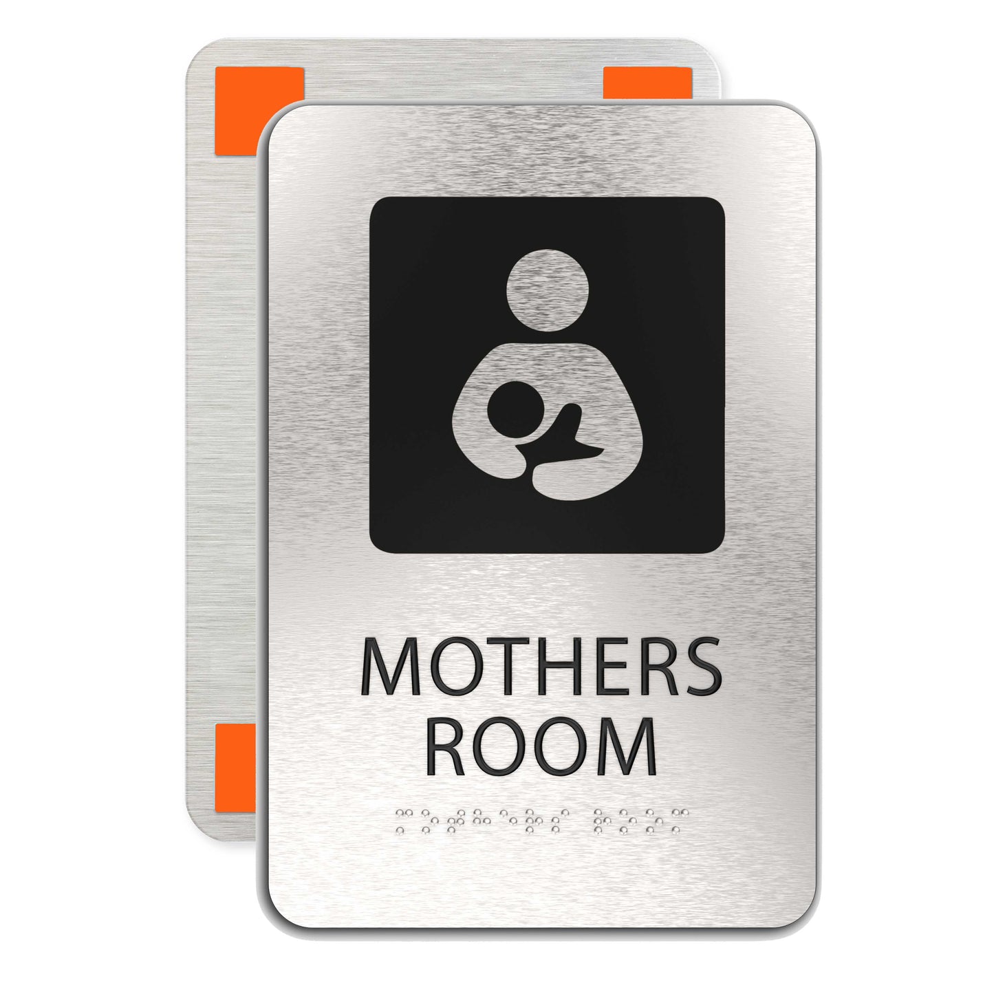 MOTHERS ROOM Nursing Sign, ADA Compliant, Breastfeeding Symbol, Brushed Silver, Raised Black Text, Non-Tactile Pictograms, Grade 2 Braille, 6"x9"