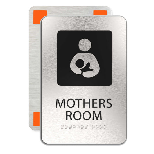 MOTHERS ROOM Nursing Sign, ADA Compliant, Breastfeeding Symbol, Brushed Silver, Raised Black Text, Non-Tactile Pictograms, Grade 2 Braille, 6"x9"
