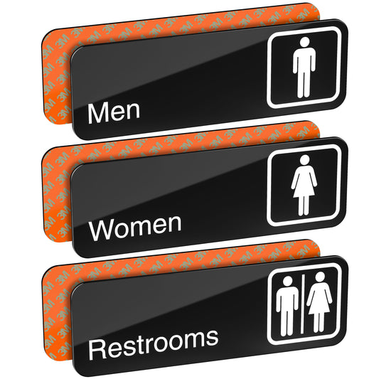 Restroom Signs for Business, Sign Package, MEN, WOMEN, RESTROOM, Black Acrylic, White Text, 9" x 3" - Set of 3