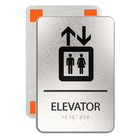 ELEVATOR sign, ADA Compliant, Elevator symbol, Brushed Silver, Elevator Sign, Raised Black Text, Non-Tactile Pictograms, Grade 2 Braille, 6"x9"
