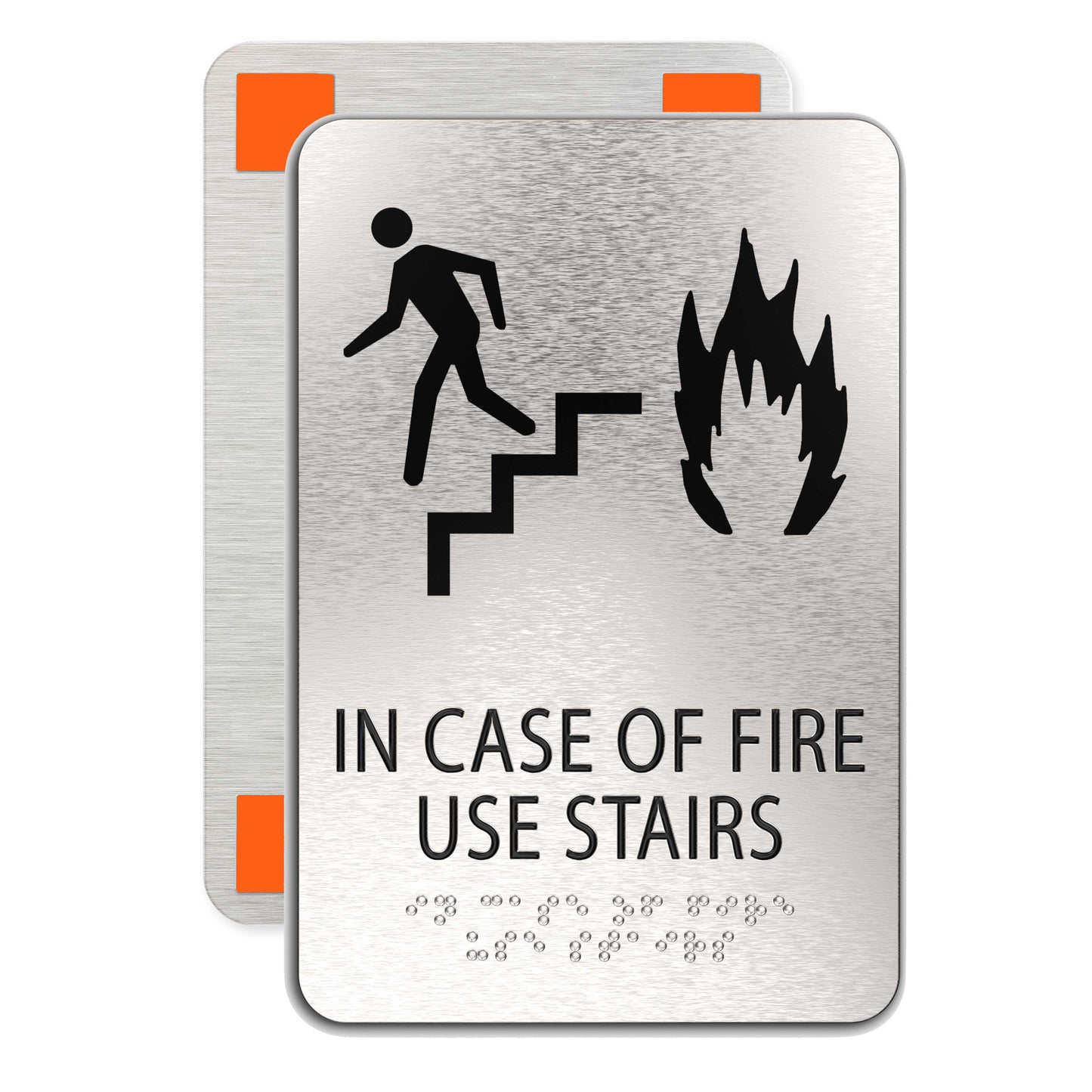 IN CASE OF FIRE Use Stairs sign , ADA Compliant, Man, Fire & Stair Symbols, Brushed Silver, Raised Black Text, Non-Tactile Pictograms, Grade 2 Braille, 6"x9"