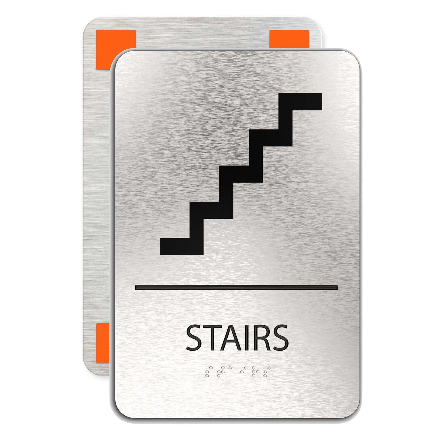 STAIRS Sign , ADA Compliant, Stairs Symbol, Brushed Silver, Raised Black Text, Non-Tactile Pictograms and Grade 2 Braille, 6"X9"