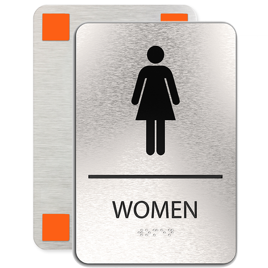 WOMEN Bathroom Sign with Woman Symbol, Non Accessible, Brushed Silver, Black Raised Text, Grade II Braille, 6"x9"