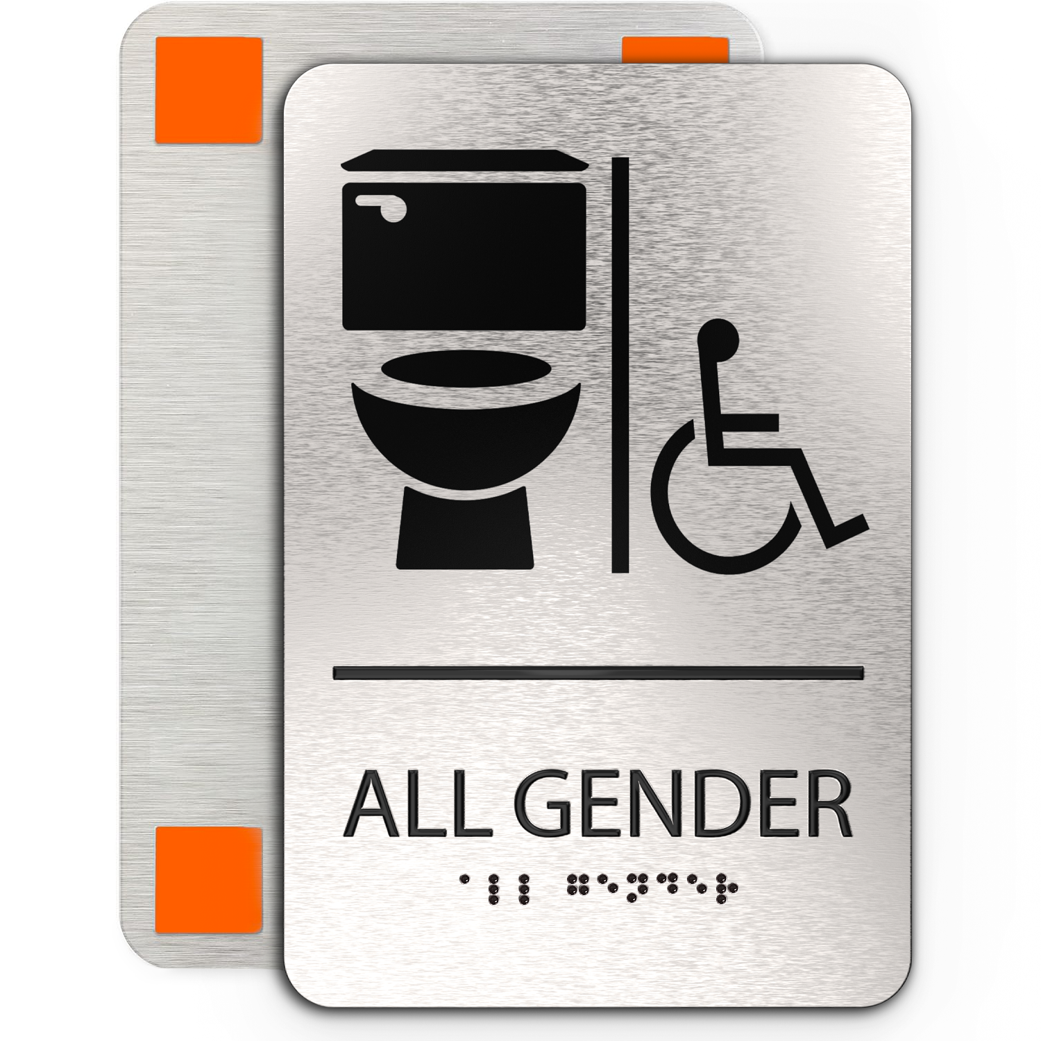 ALL GENDER Restroom Sign with Toilet & Wheelchair Symbols - Brushed Silver Aluminum - ADA Compliant