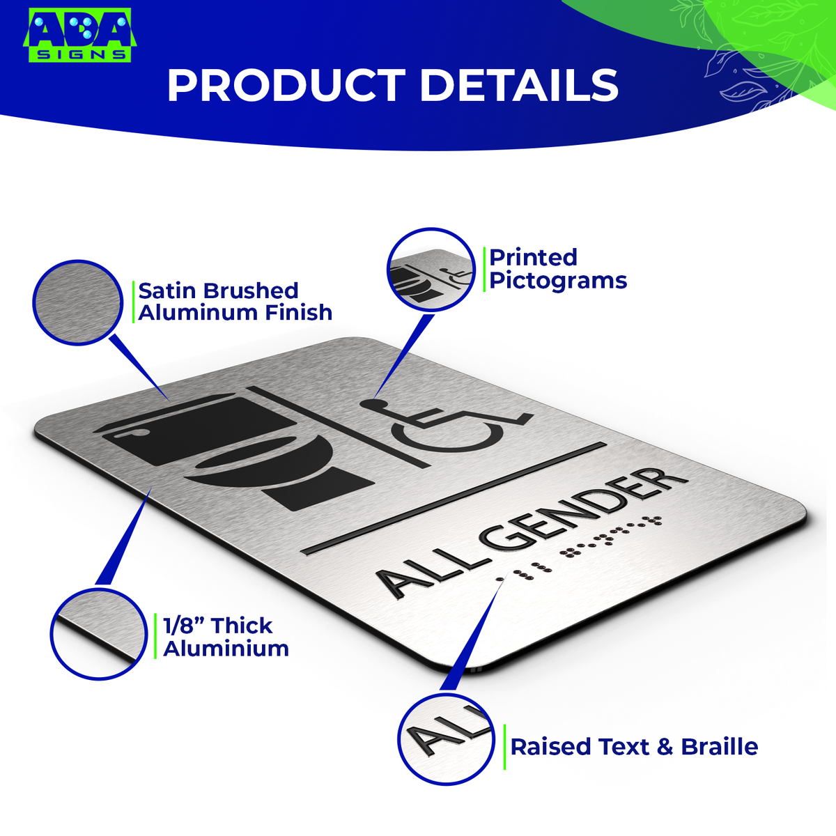 ALL GENDER Restroom Sign with Toilet & Wheelchair Symbols - Brushed Silver Aluminum - ADA Compliant