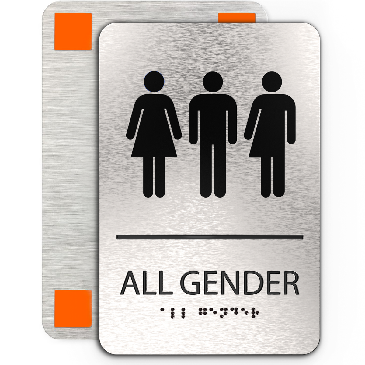 ALL GENDER Restroom Sign with Man, Woman &amp; Blended Symbols, Non Accessible - Brushed Silver Aluminum - ADA Compliant