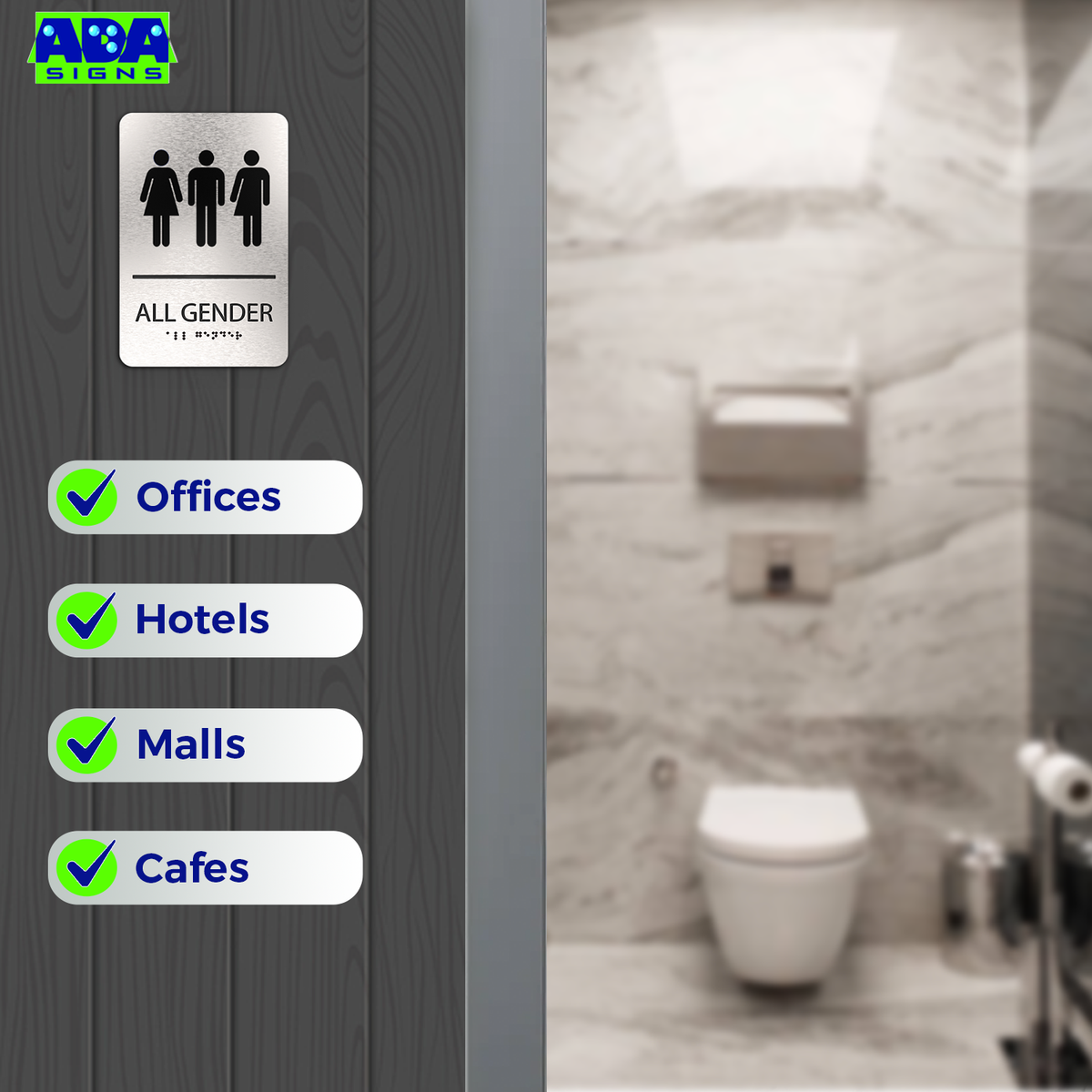 ALL GENDER Restroom Sign with Man, Woman & Blended Symbols, Non Accessible - Brushed Silver Aluminum - ADA Compliant