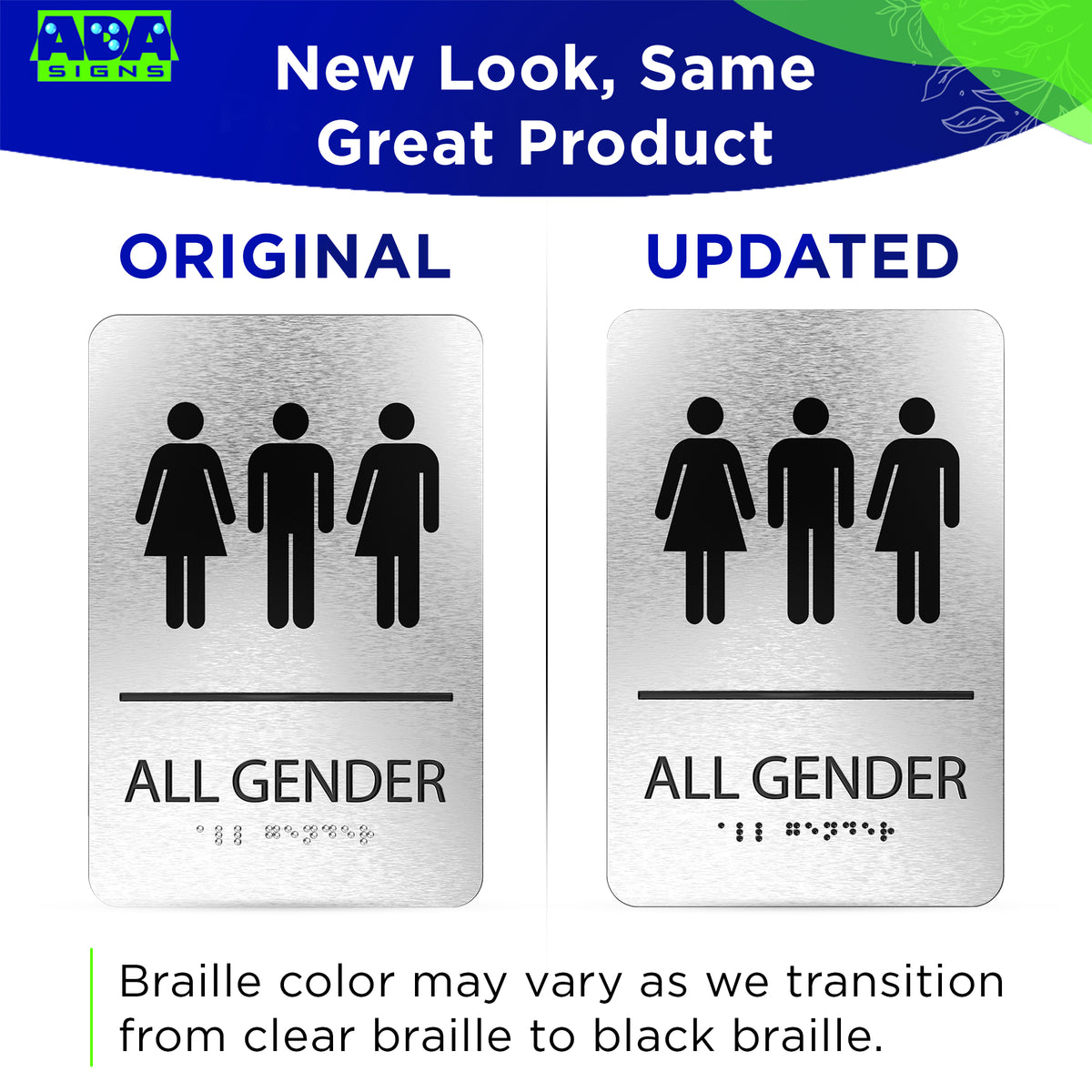 ALL GENDER Restroom Sign with Man, Woman & Blended Symbols, Non Accessible - Brushed Silver Aluminum - ADA Compliant