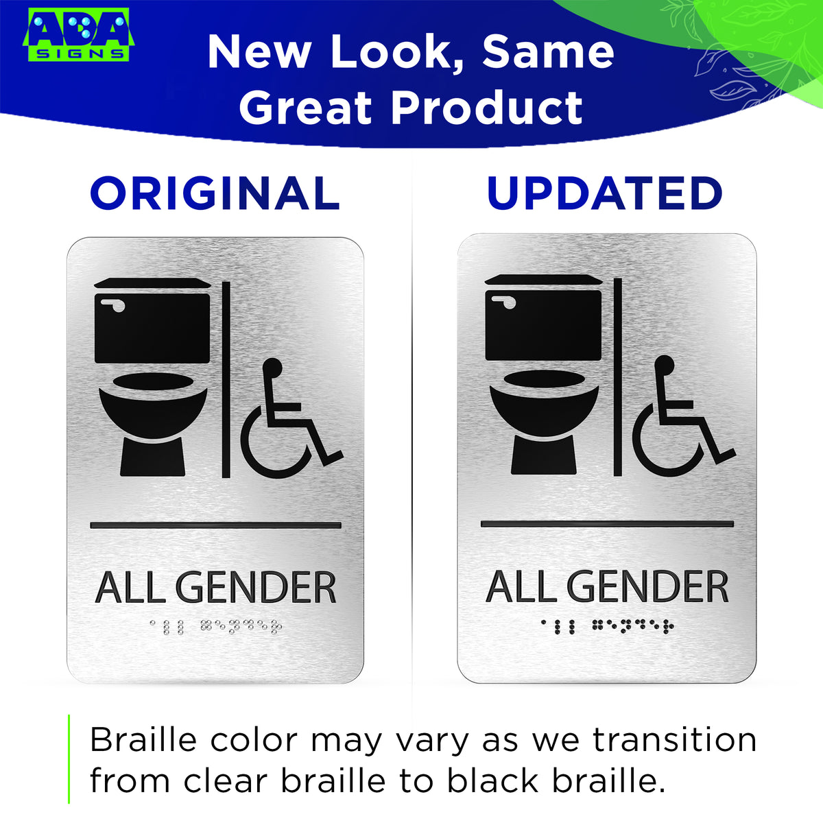 ALL GENDER Restroom Sign with Toilet & Wheelchair Symbols - Brushed Silver Aluminum - ADA Compliant