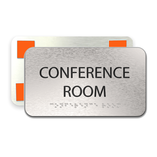 CONFERENCE ROOM Sign, ADA Compliant, Office Signs, Aluminum Brushed Silver, Black Raised Text, Grade 2 Braille, 7" x 4"