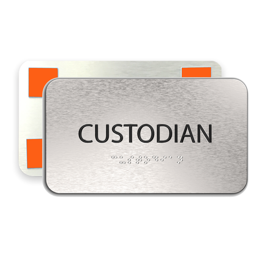 CUSTODIAN Closet Sign, ADA Compliant, Signs for Business, Aluminum Brushed Silver, Black Raised Text, Grade 2 Braille, 7" x 4"