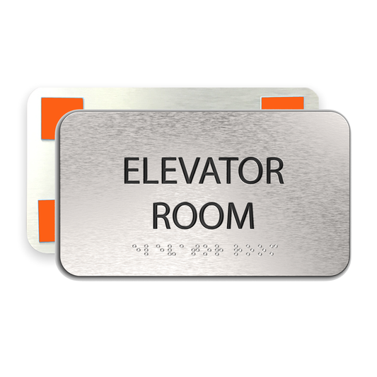 ELEVATOR ROOM Sign, ADA Compliant, Office Signs, Aluminum Brushed Silver, Black Raised Text, Grade 2 Braille, 7" x 4"