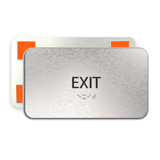 EXIT Sign, ADA Compliant, Aluminum Brushed Silver, Office Door Signs, Black Raised Text, Grade 2 Braille, 7" x 4"