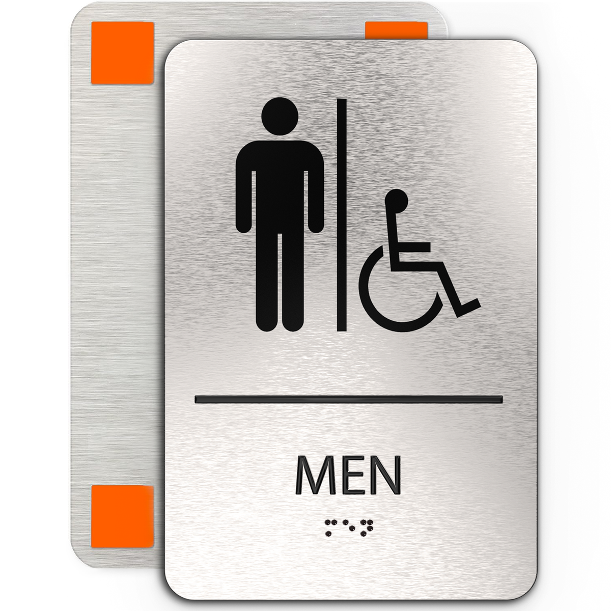 MEN Restroom Signs with Man &amp; Wheelchair Symbols - Brushed Silver Aluminum - ADA Compliant