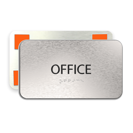 OFFICE Sign for Door, ADA Compliant, Office Door Signs, Aluminum Brushed Silver, Black Raised Text, Grade 2 Braille, 7" x 4"