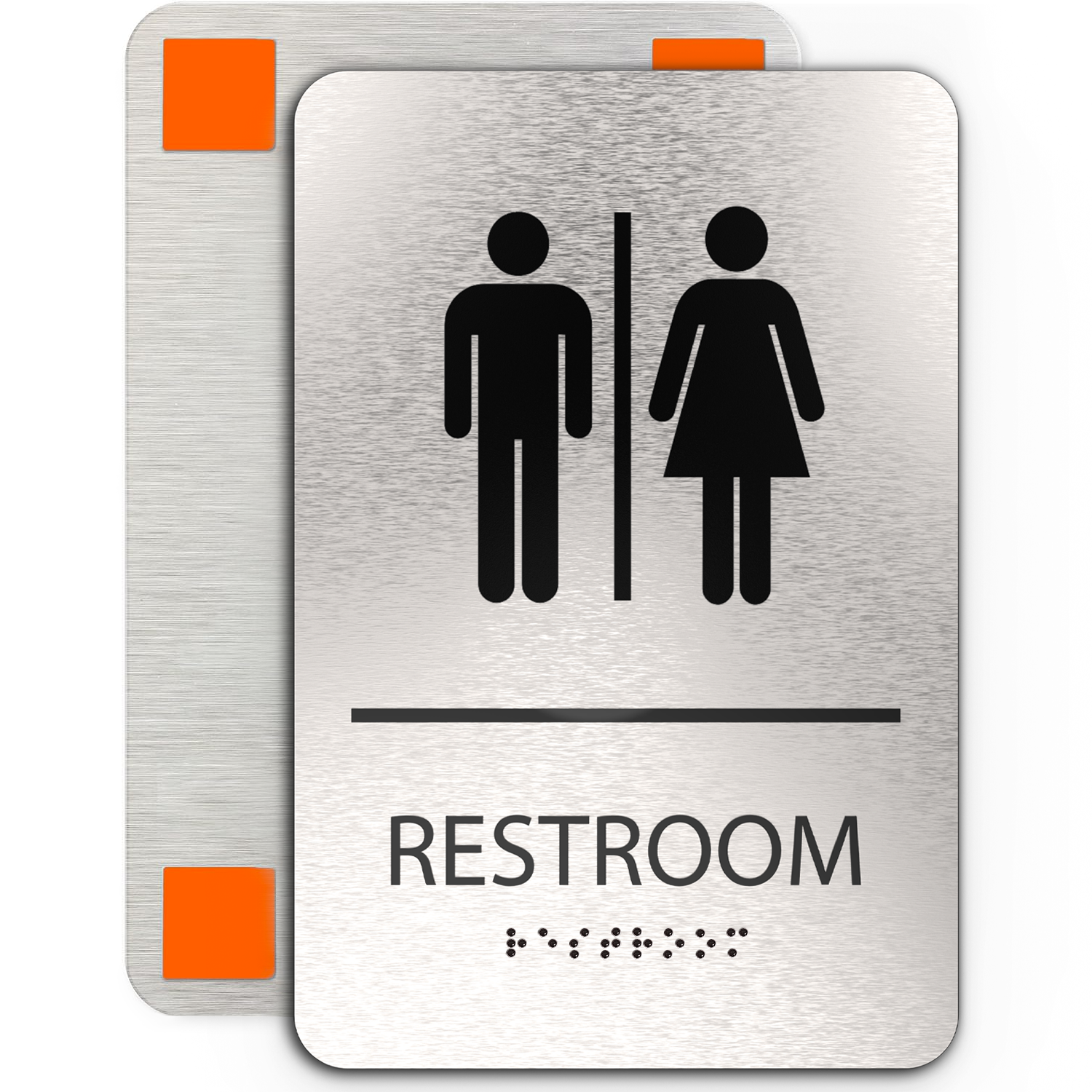 UNISEX Restroom Sign with Man & Woman Symbols, Non Accessible - Brushed Silver Aluminum - ADA Compliant
