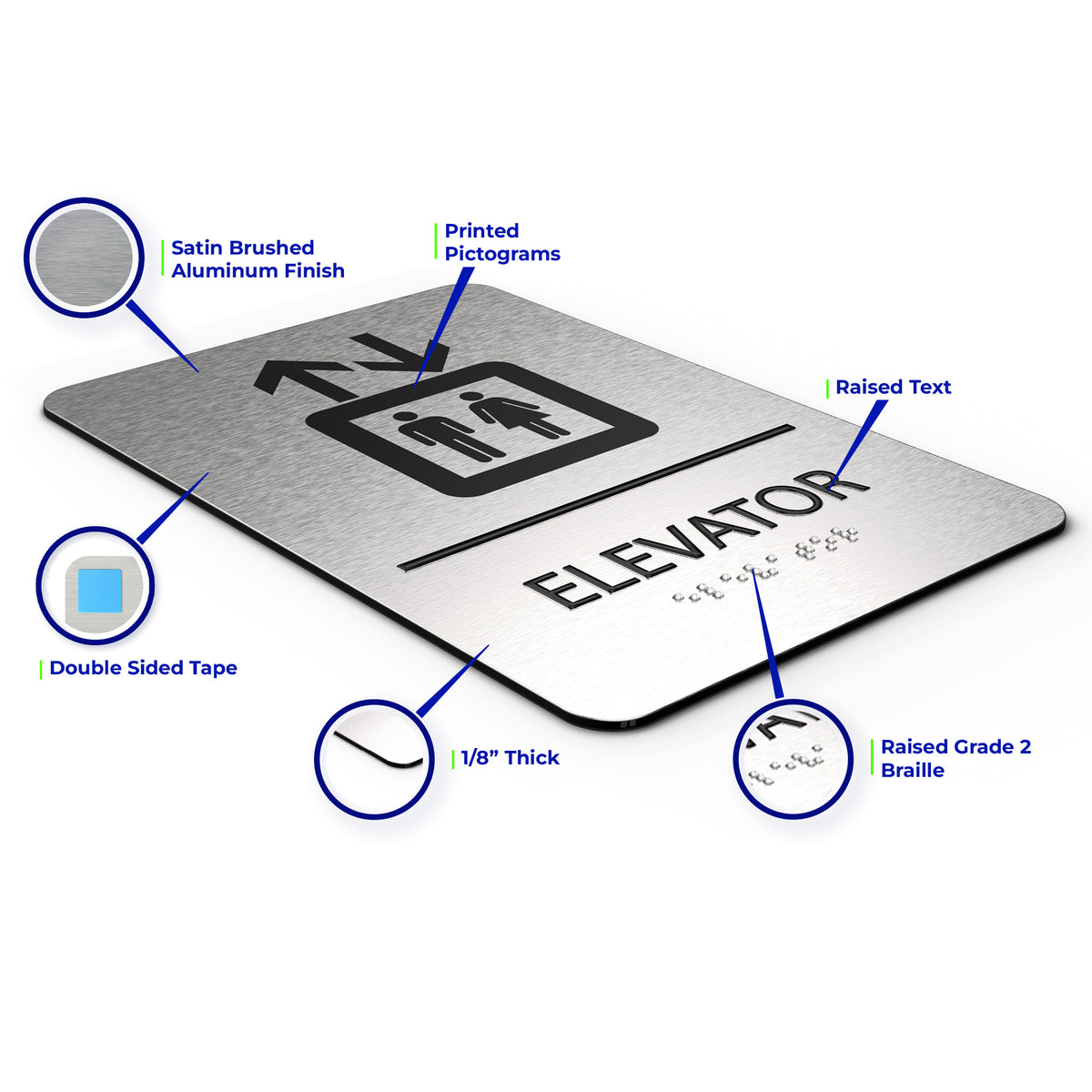 ELEVATOR sign - Brushed Silver Aluminum - ADA Compliant