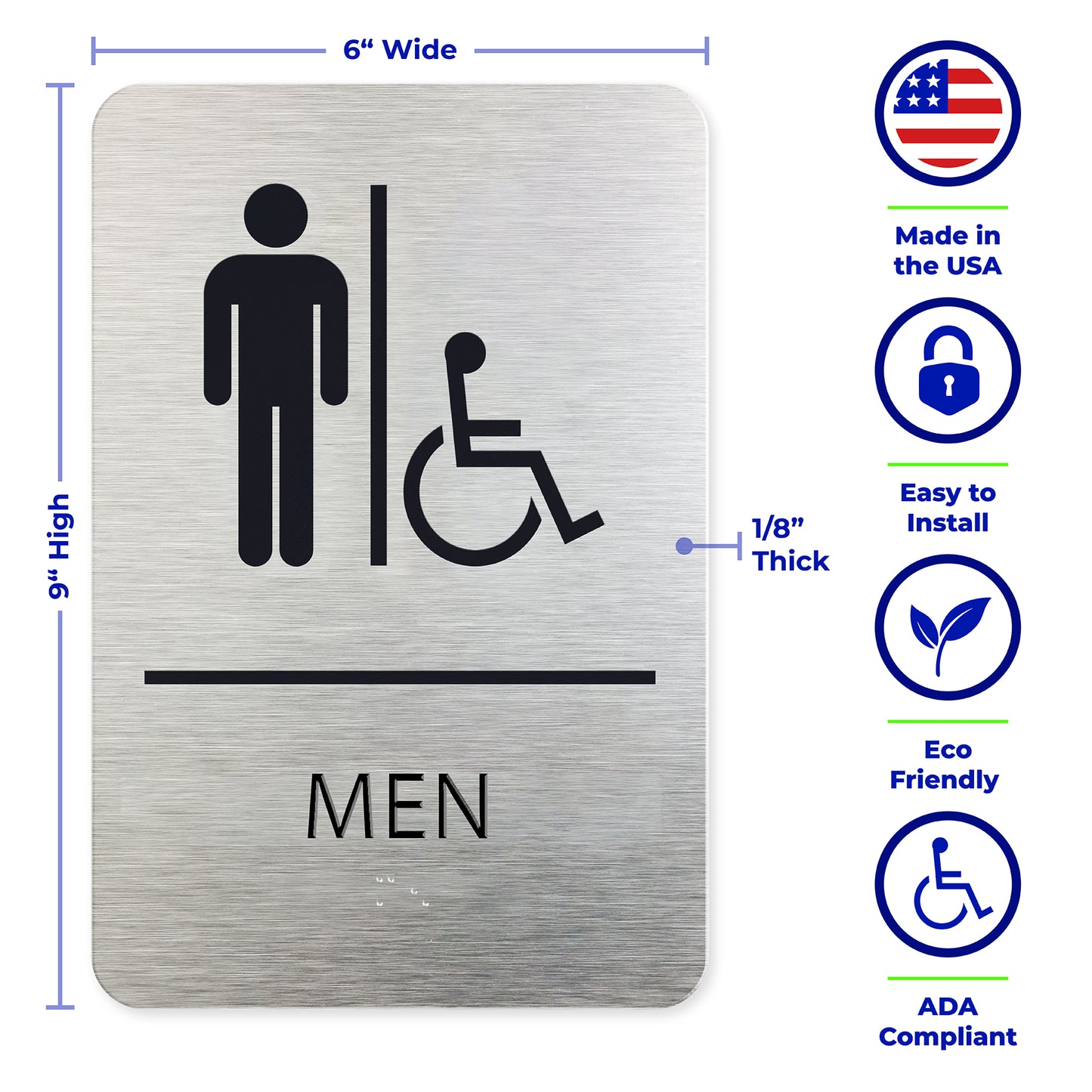 MEN Restroom Signs with Man & Wheelchair Symbols, ADA CompliantBrushed Silver, Black Raised Text, Grade II Braille, 6"x9"