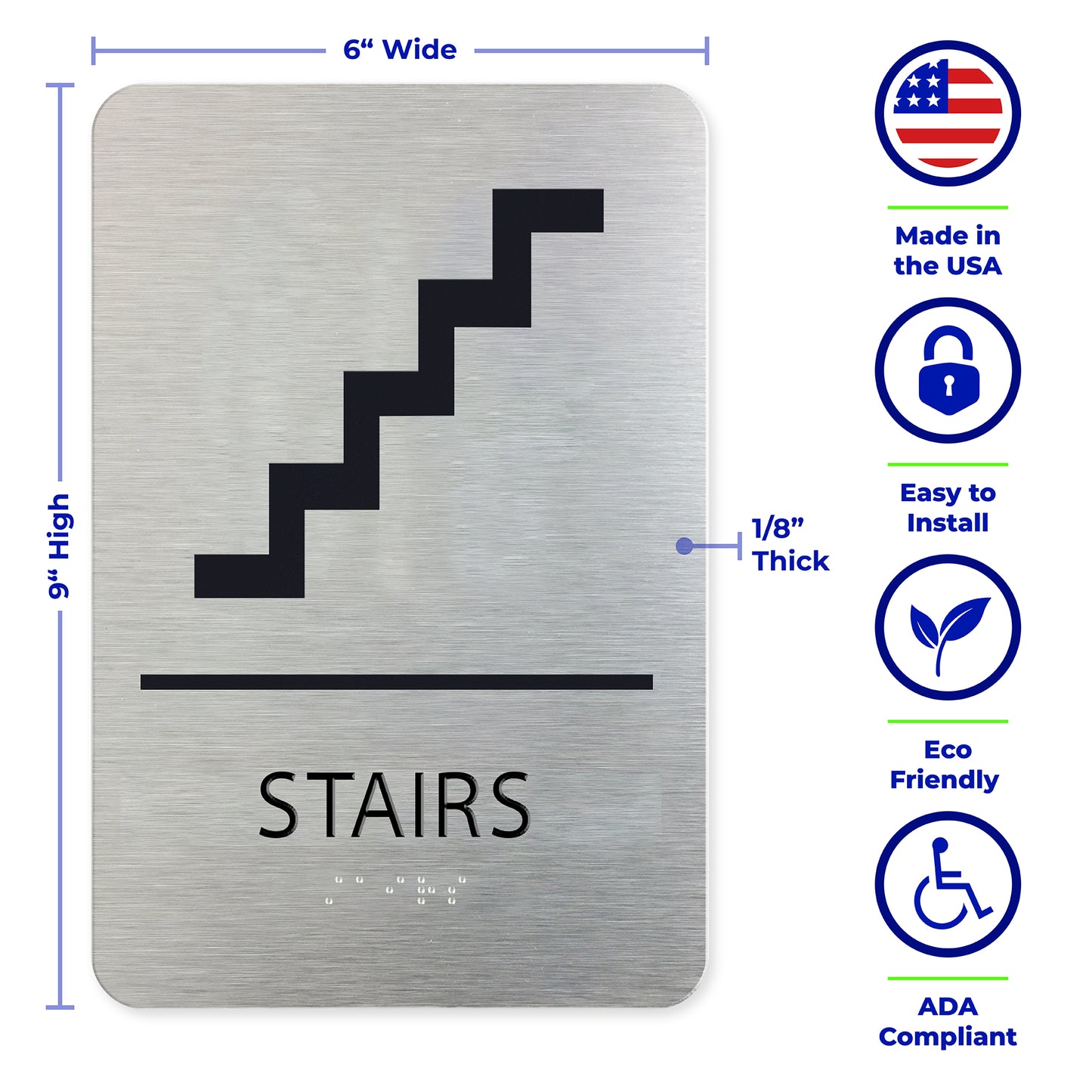 STAIRS Sign , ADA Compliant, Stairs Symbol, Brushed Silver, Raised Black Text, Non-Tactile Pictograms and Grade 2 Braille, 6"X9"