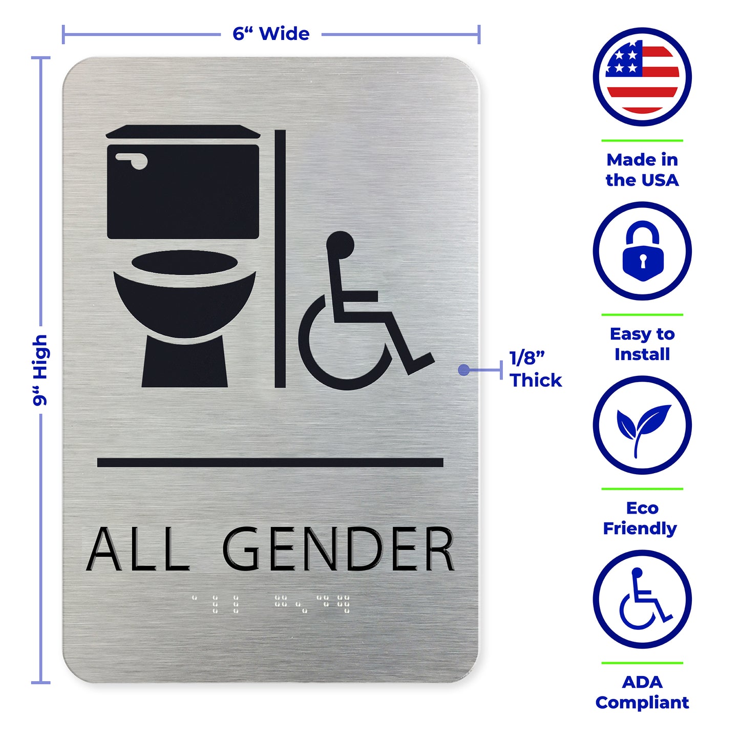 ALL GENDER Restroom Sign with Toilet & Wheelchair Symbols, Brushed Silver, Black Raised Text, Grade II Braille, 6"x9"
