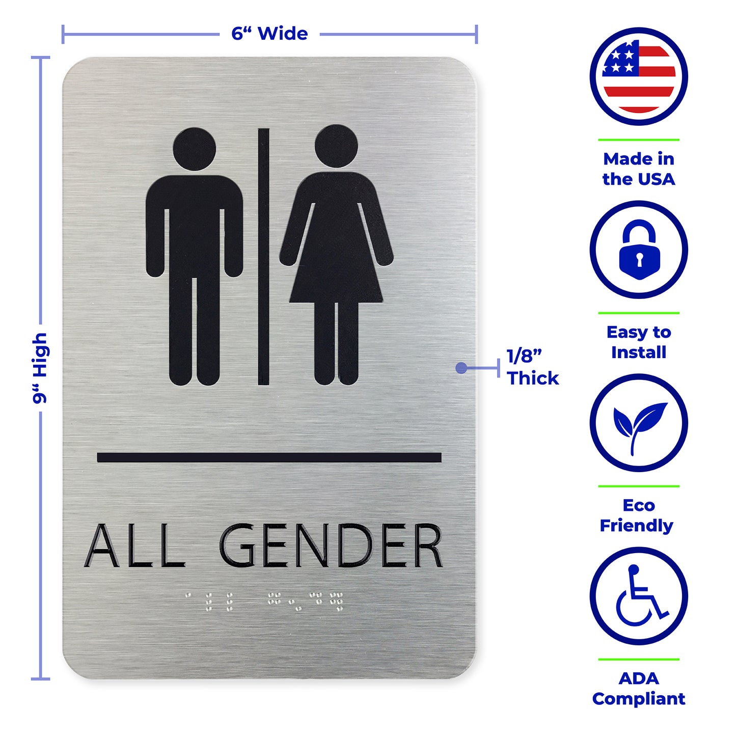 ALL GENDER Restroom Sign with Man & Woman Symbols, Non Accessible, Brushed Silver, Black Raised Text, Grade II Braille, 6"x9"
