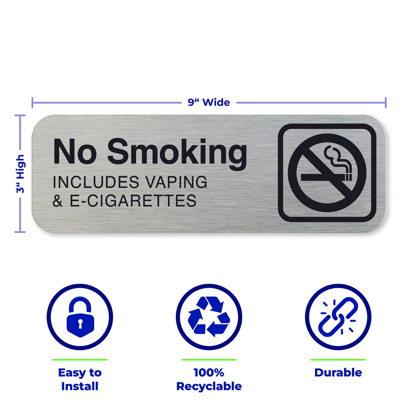 No Smoking Sign Office, NO SMOKING INCLUDING VAPING & E-CIGARETTES, Aluminum Brushed Silver, Black Text, 9"x 3"