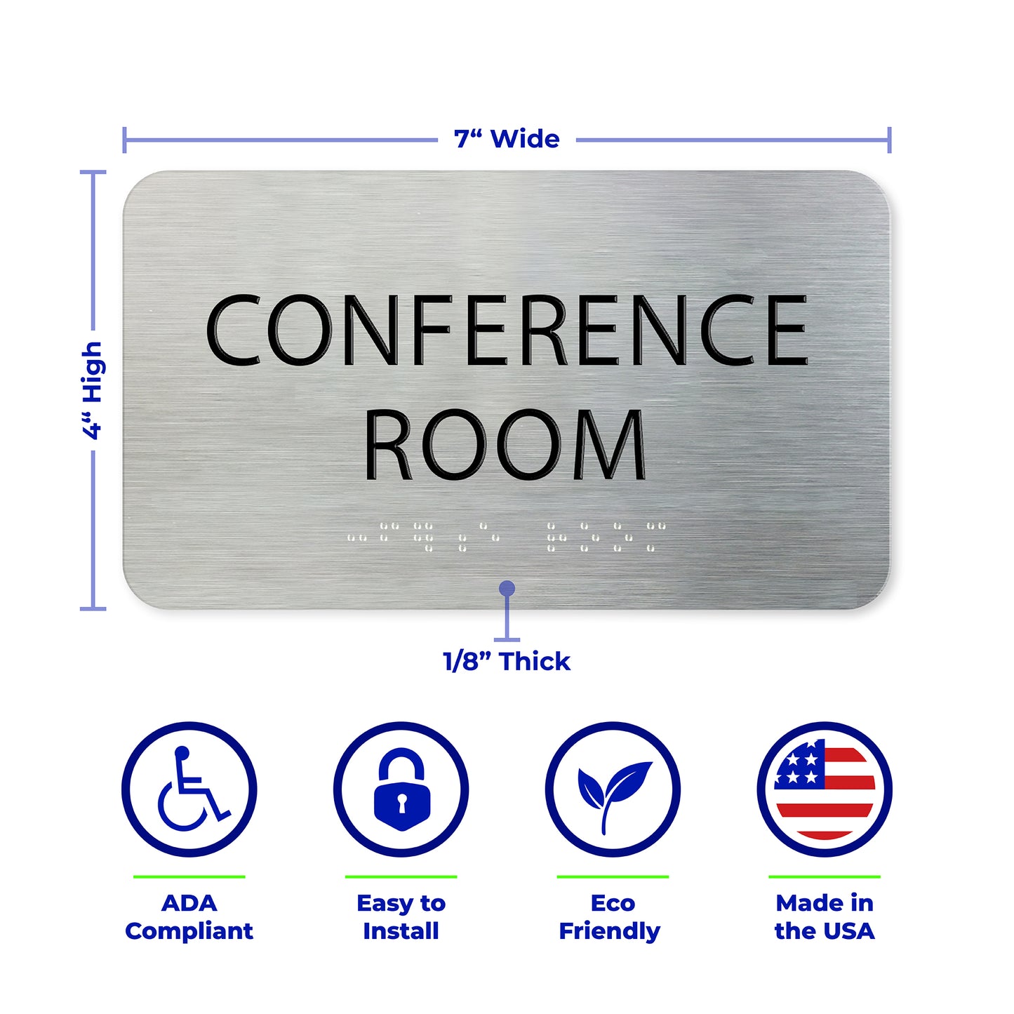 CONFERENCE ROOM Sign, ADA Compliant, Office Signs, Aluminum Brushed Silver, Black Raised Text, Grade 2 Braille, 7" x 4"