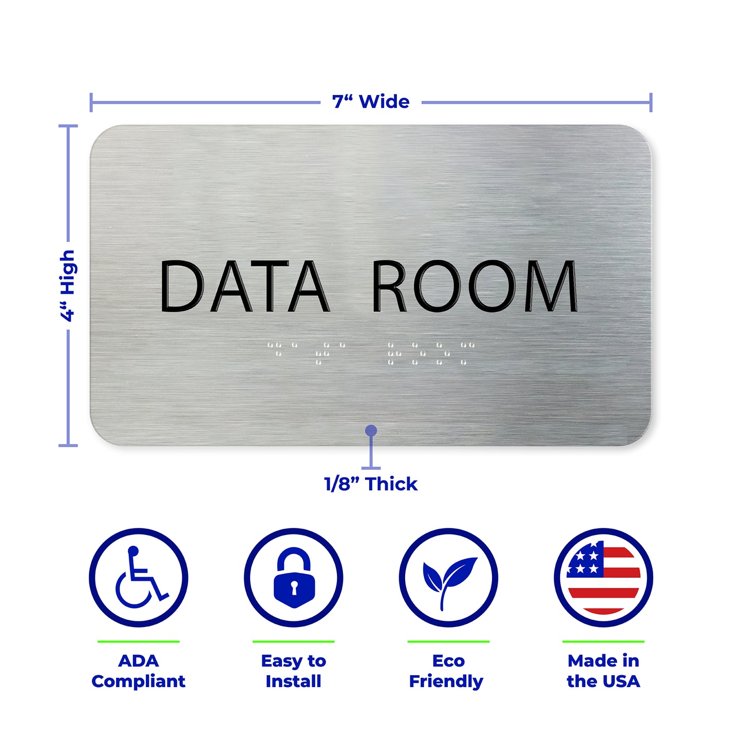 DATA ROOM Sign, ADA compliant, Signs for Business, Aluminum Brushed Silver, Black Raised Text, Grade 2 Braille, 7" x 4"